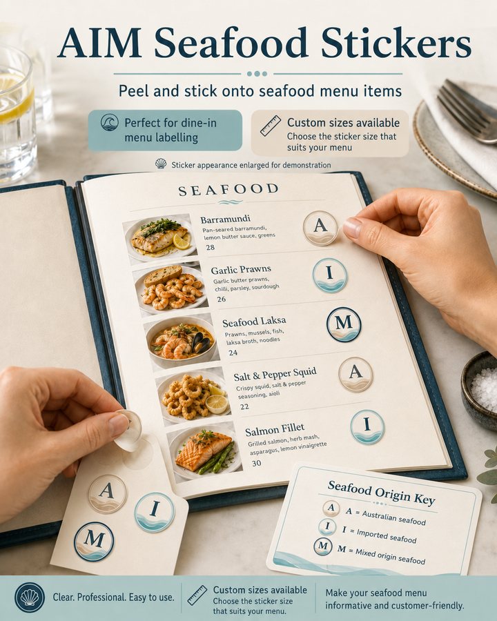 AIM seafood stickers shown on a real restaurant seafood menu